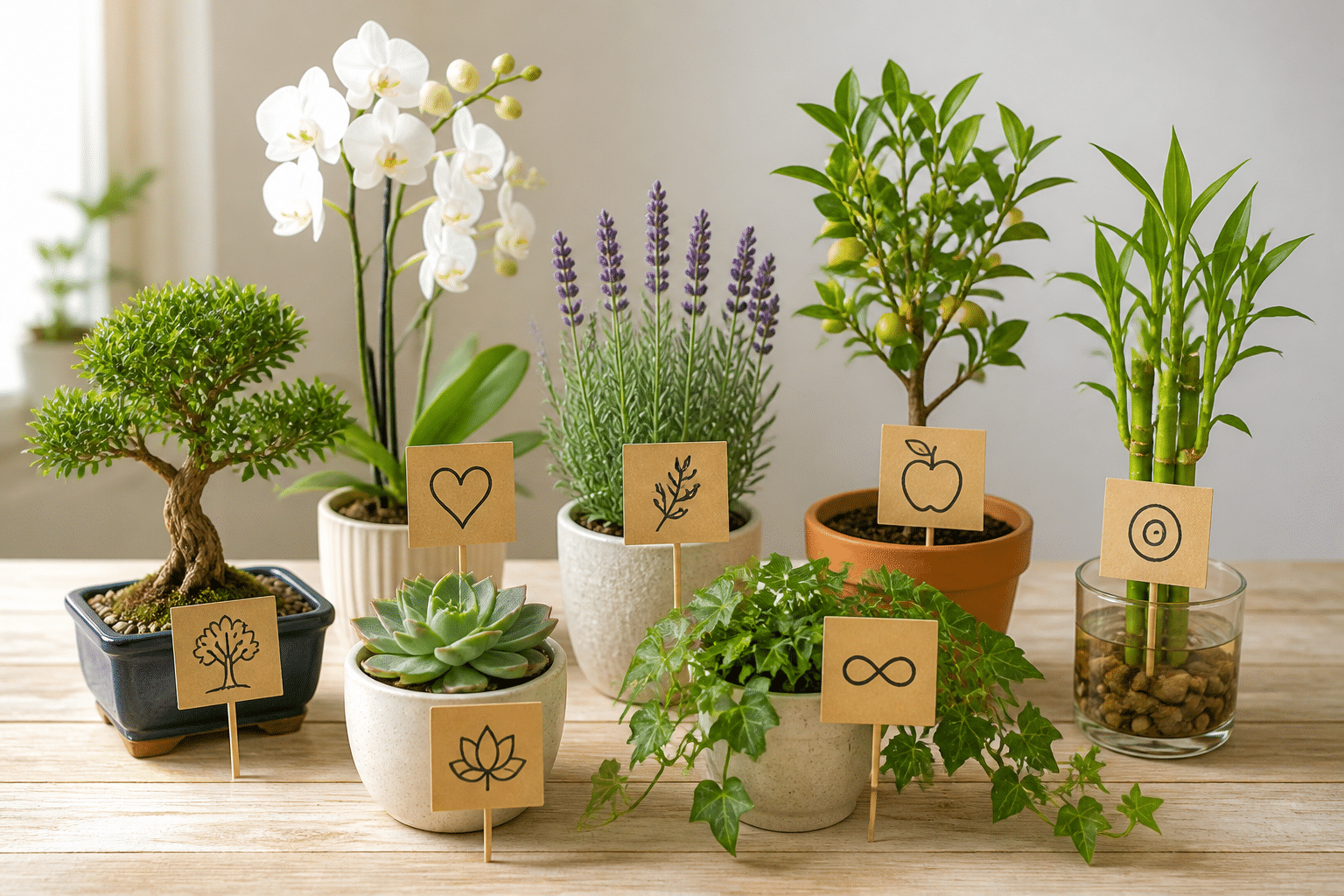 Sieben verschiedene Topfpflanzen mit Symbolkärtchen als lebende Hochzeitsgeschenke.