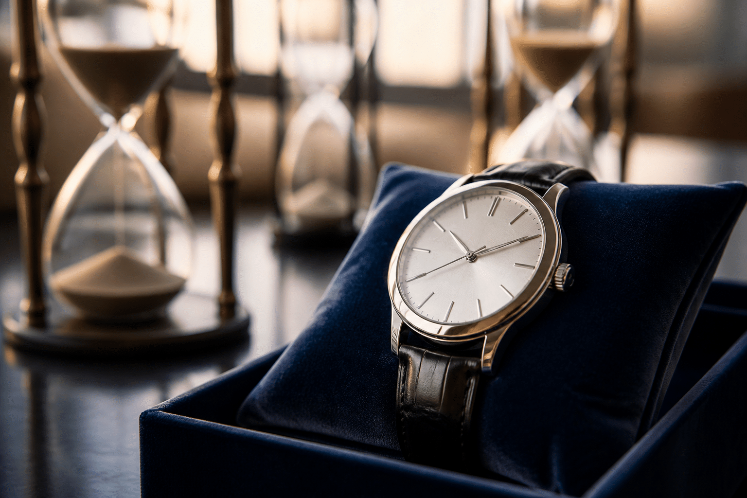 Eine klassische Armbanduhr, symbolisch für den Aberglauben des Abschieds, als potenzielles Hochzeitsgeschenk auf einem Kissen liegend.