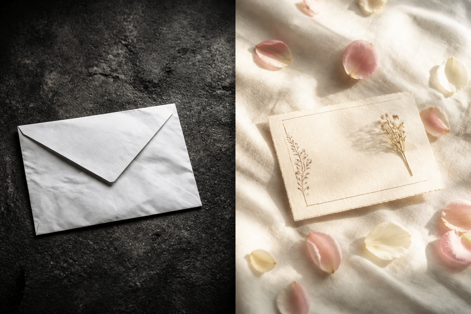 Geldgeschenke Hochzeit: 7 kreative Verpackungen für dich 3 Geldgeschenke Hochzeit - Geldgeschenke stilvoll verpacken: Ein leerer, unscheinbarer Umschlag neben einer liebevoll handgeschriebenen Hochzeitskarte mit Blumenblättern.