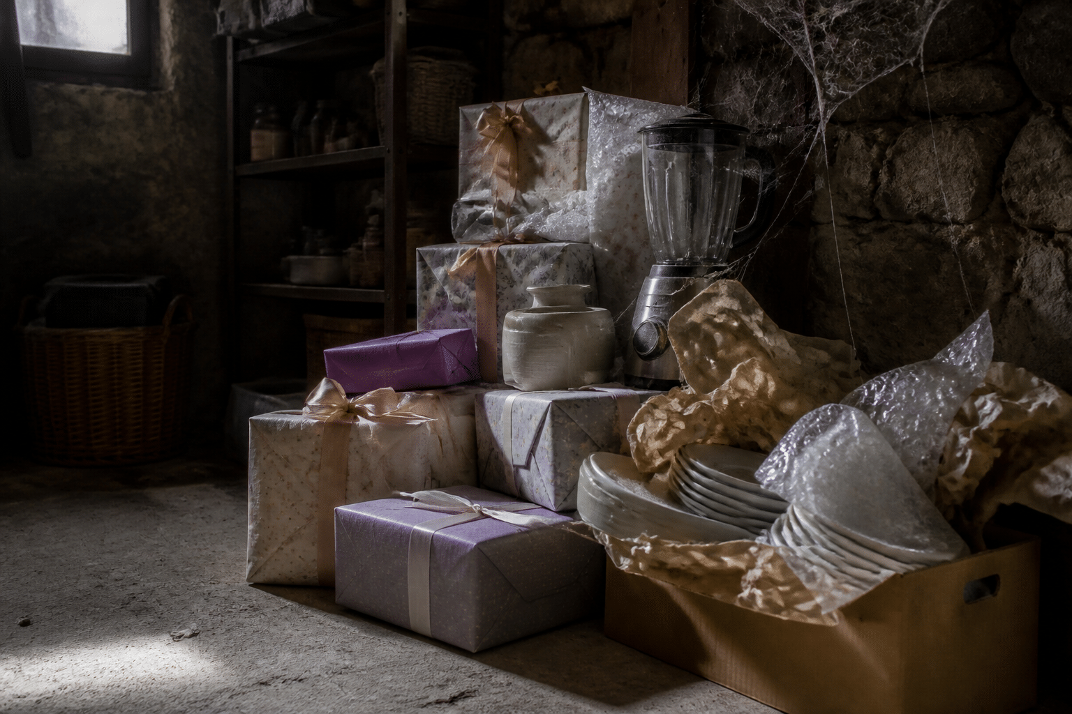 Schlechte Hochzeitsgeschenke: Was Brautpaare hassen 3 schlechte Hochzeitsgeschenke: Ein Stapel ungenutzter Hochzeitsgeschenke, bedeckt mit Staub und Spinnenweben, im dunklen Keller eines Hauses.