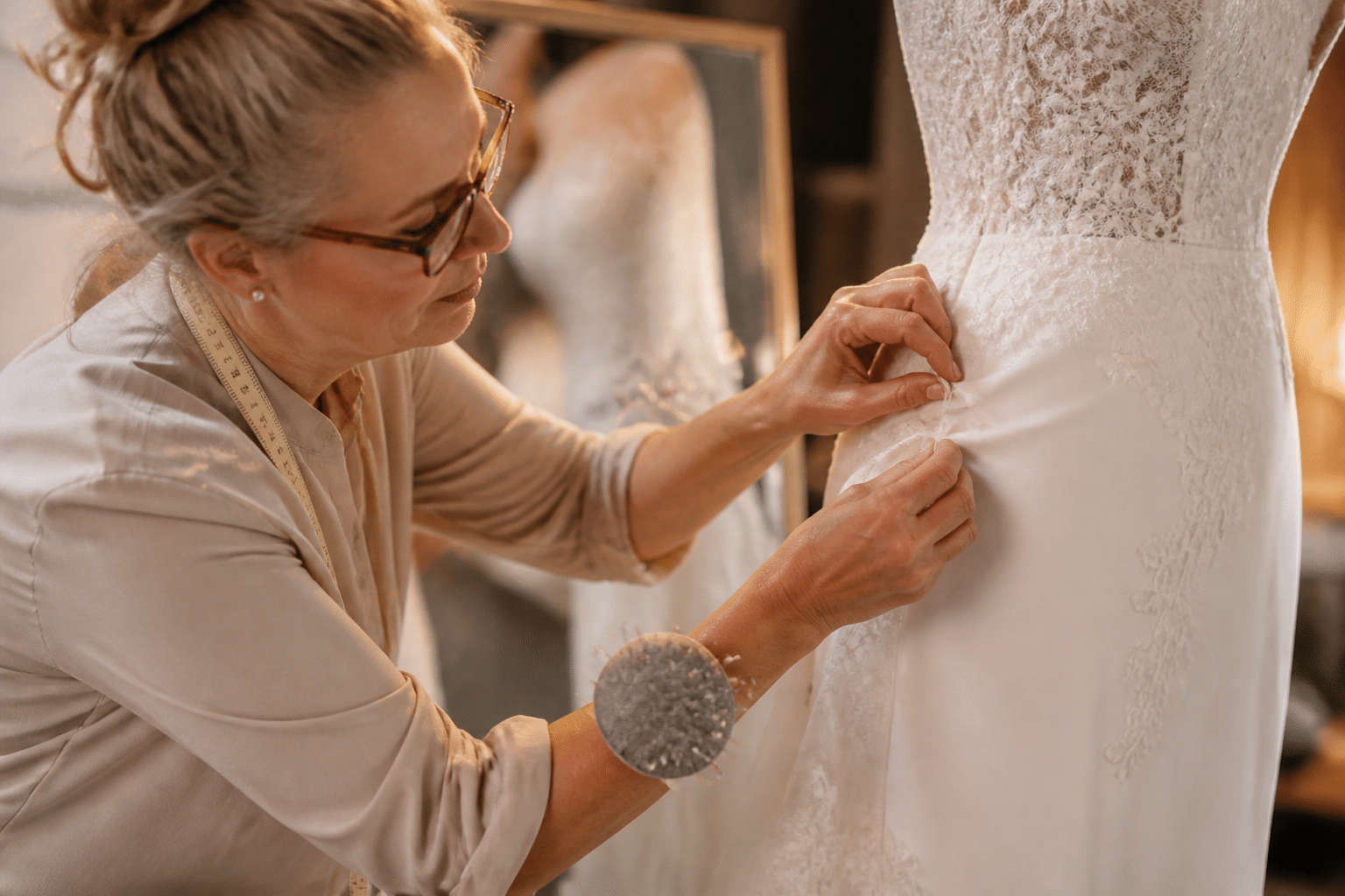 Shapewear unter Hochzeitskleid: Eine Schneiderin passt ein Hochzeitskleid an, wobei der Fokus auf dem glatten Fall des Stoffes liegt, unterstützt durch unsichtbare Unterwäsche für die Hochzeit.