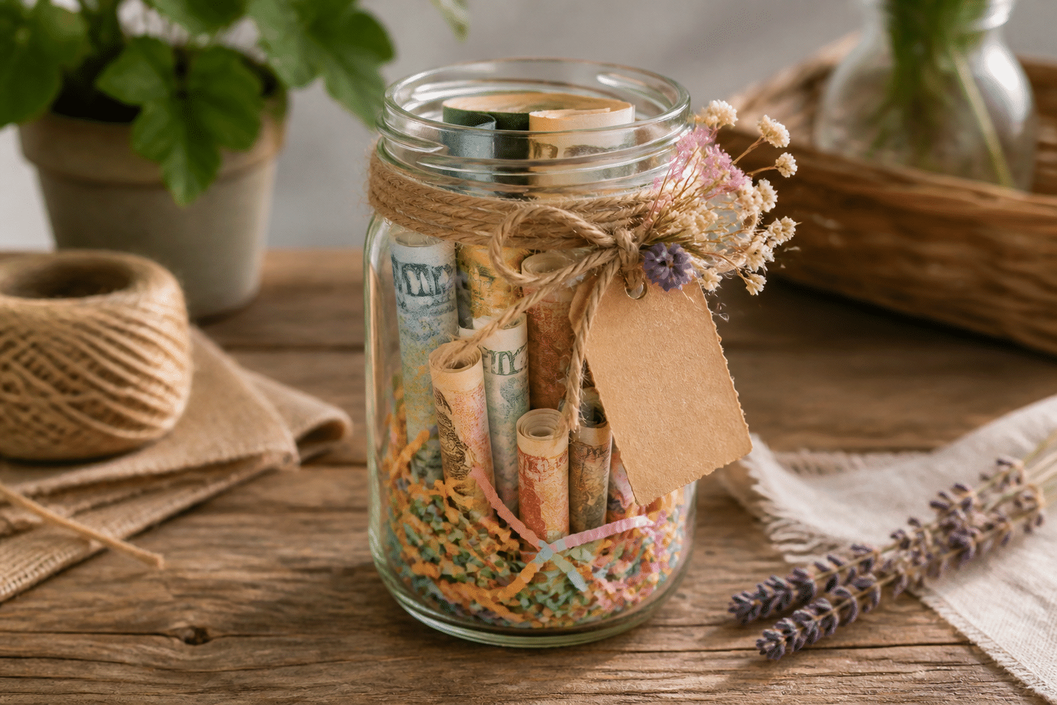 Geldgeschenke Hochzeit: 7 kreative Verpackungen für dich 4 Ein dekoriertes Einmachglas als Upcycling-Geldgeschenk mit gerollten Geldscheinen und Trockenblumen auf einem Holztisch.