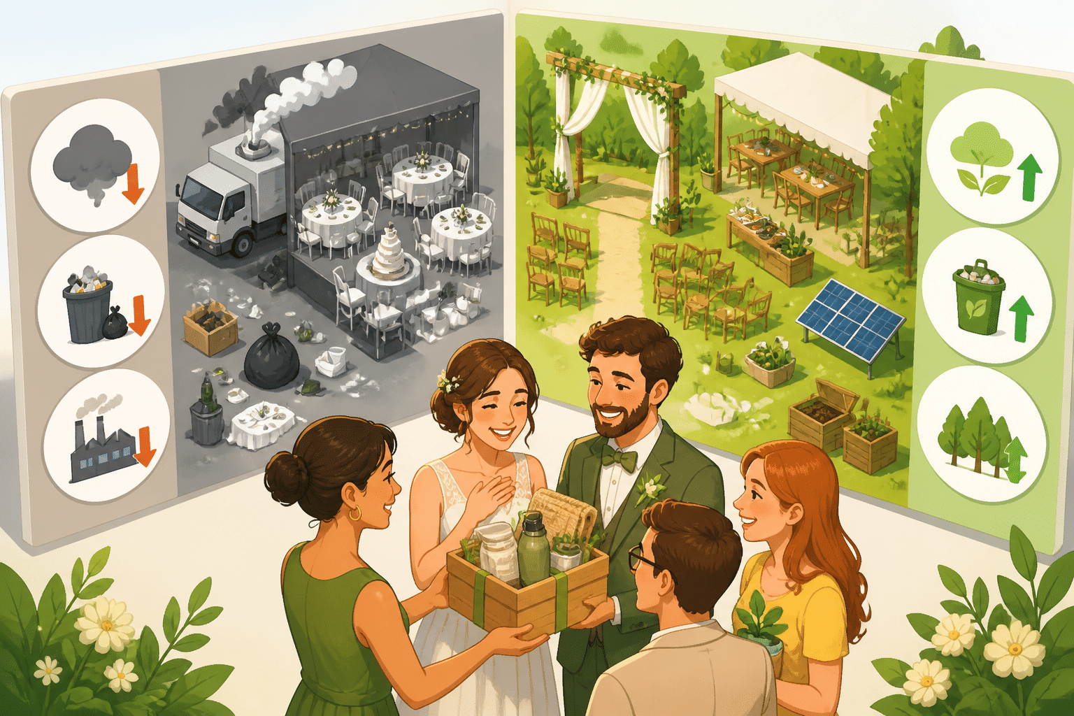 Nachhaltige Hochzeitsgeschenke: Freude & Planet retten 3 nachhaltige Hochzeitsgeschenke: Infografik zum ökologischen Fußabdruck von Hochzeiten mit Gästen, die über nachhaltige Geschenke nachdenken.