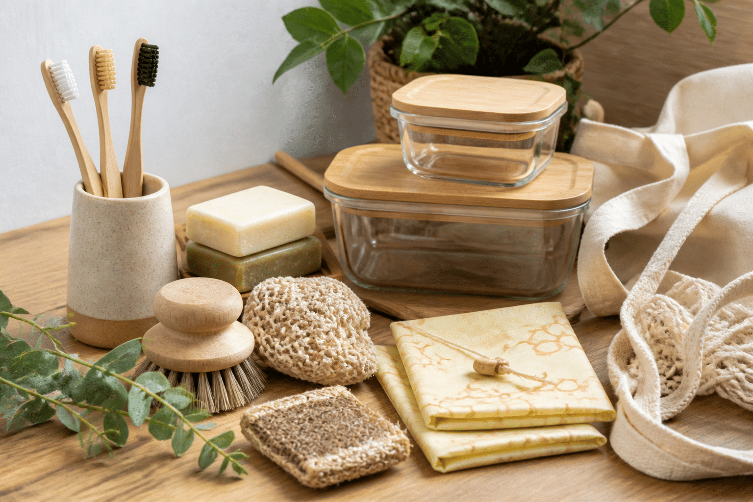 Nachhaltige Hochzeitsgeschenke: Freude & Planet retten 5 nachhaltige Hochzeitsgeschenke: Auswahl an plastikfreien und Zero-Waste-Haushaltsartikeln als nachhaltiges Hochzeitsgeschenk präsentiert.